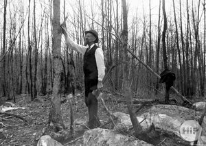 Woodcutter in Fine Attire Examining Lumber in Winter New England Forest