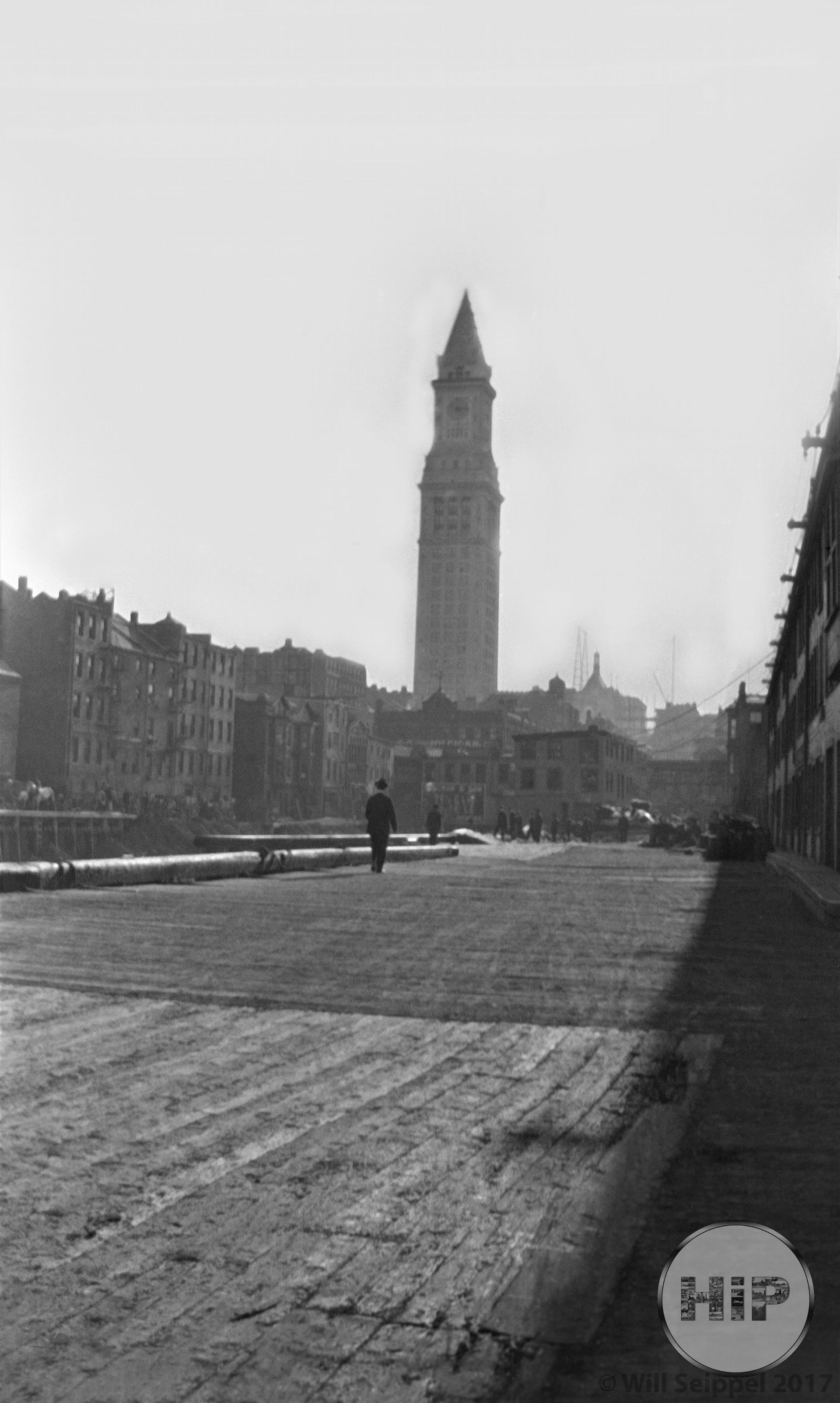 1912 Black and White Photograph of Customs House from Pier Boston, MA
